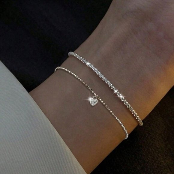 Jewelry - 2pcs Bright Silver Heart Charm Bracelets For Women, Ideal For Vacation/dating
